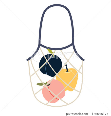 Reusable mesh, string bag with colorful summer fruits like plum, apple, and peach. Trendy modern vector illustration isolated on white background, hand drawn, flat design Reusable mesh, string bag with colorful summer fruits like plum, apple, and peach. Trendy modern vector illustration isolated on white background, hand drawn, flat design 126648174