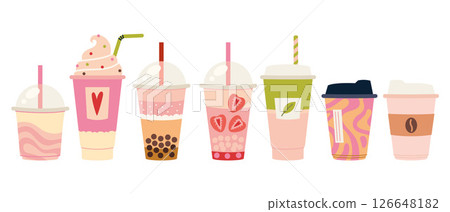 Set of takeaway drinks like bubble tea, smoothies, coffee, matcha latte, milkshake, ice cream and hot beverages in cute cups. Trendy modern vector illustration isolated on white, hand drawn, flat Set of takeaway drinks like bubble tea, smoothies, coffee, matcha latte, milkshake, ice cream and hot beverages in cute cups. Trendy modern vector illustration isolated on white, hand drawn, flat 126648182