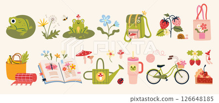 Whimsical summer picnic set with frogs, flowers, fruit, books and a bike, evoking nature, relaxation, and simple outdoor joys. Trendy modern vector illustration isolated on white, hand drawn, flat 126648185