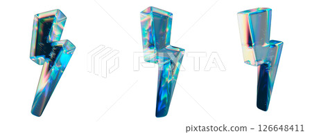 Glossy Iridescent 3D Lightning Bolt Shapes on a White Background 126648411