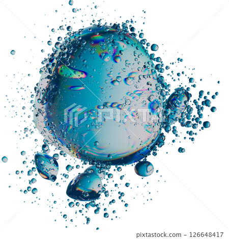 Abstract Iridescent Bubble with Surrounding Water Droplets on White Background Abstract Iridescent Bubble with Surrounding Water Droplets on White Background 126648417