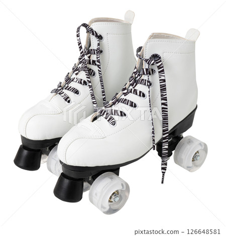 Vintage white roller skates with black and white striped laces 126648581