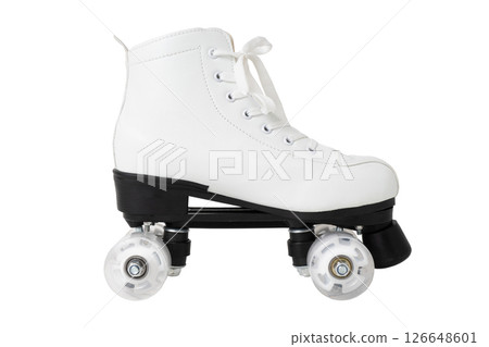 White roller skate with black wheels and laces on white background 126648601