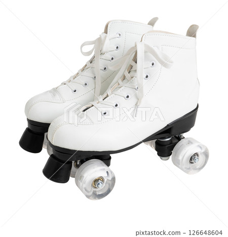 White roller skates with black wheels on white background White roller skates with black wheels on white background 126648604