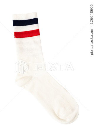 White sock with red and blue stripes on top isolated on white background White sock with red and blue stripes on top isolated on white background 126648606