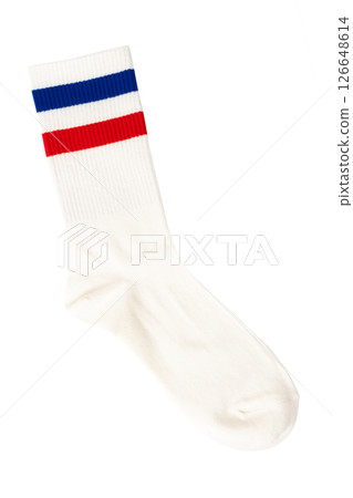 White sock with red and blue stripes on a white background White sock with red and blue stripes on a white background 126648614