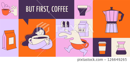 Playful coffee print with hand drawn illustrations and icons 126649265