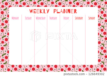Cute vector cherry weekly planner template with summer fruit background for daily plans and schedules Cute vector cherry weekly planner template with summer fruit background for daily plans and schedules 126649302