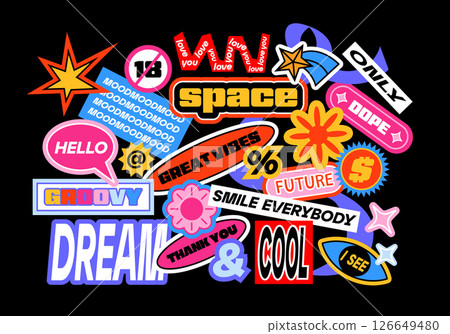 Fun collection y2k patches, labels, tags and stamps. Stickers with short phrases in retro cartoon style. Groovy vector set, trendy promo labels in 90s hipster grunge funk style. Flat illustrations. 126649480