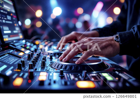 DJ mixing music on digital turntable with colorful lights. AI generated DJ mixing music on digital turntable with colorful lights. AI generated 126649801