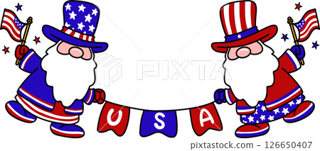 Patriotic Gnomes with USA Banner Illustration	 126650407
