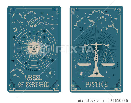 Wheel of fortune and Justice tarot card illustration fortune telling occult mystic esoteric. Celestial Tarot Cards Basic witch tarot Wheel of fortune and Justice tarot card illustration fortune telling occult mystic esoteric. Celestial Tarot Cards Basic witch tarot 126650586