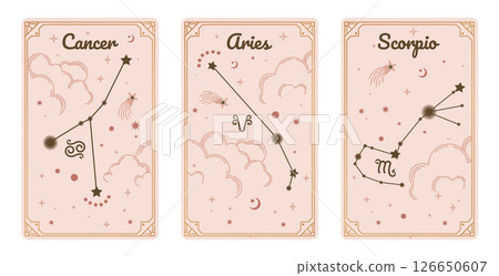 Cancer Aries and Scorpio zodiac symbols surround clouds, stars, luxury, esoteric, and boho styles. Fit for paranormal, tarot readers, and astrologers 126650607