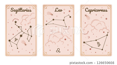 Sagittarius Leo and Capricornus zodiac symbols surround clouds, stars, luxury, esoteric, and boho styles. Fit for paranormal tarot readers and astrologers. Elegant symbols and icons of esoteric Sagittarius Leo and Capricornus zodiac symbols surround clouds, stars, luxury, esoteric, and boho styles. Fit for paranormal tarot readers and astrologers. Elegant symbols and icons of esoteric 126650608