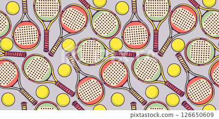Padel tennis. Padel rackets and tennis balls. Vector seamless pattern Padel tennis. Padel rackets and tennis balls. Vector seamless pattern 126650609