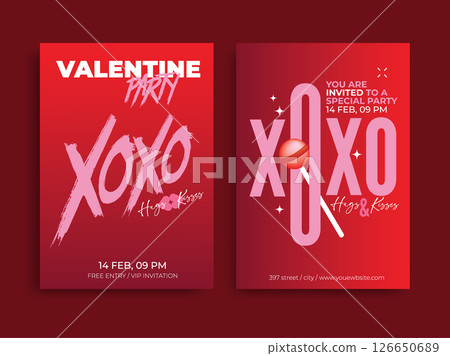 Set of Pink XOXO flyer design for Valentine's party on a vibrant red background 126650689