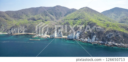 Aerial view of the mysterious landscape of Hotokegaura, Sai Village, Aomori Prefecture, panorama 126650713