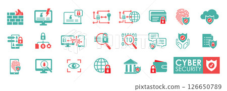 Cyber security icons set. Containing secured payment, encryption, safety, firewall, data protection, locked, password, and cybersecurity icon. Solid icon style. Cyber security icons set. Containing secured payment, encryption, safety, firewall, data protection, locked, password, and cybersecurity icon. Solid icon style. 126650789