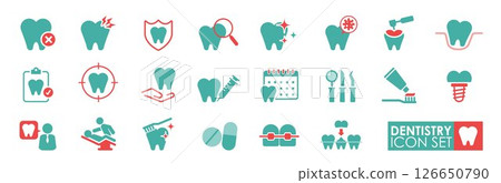 Dentistry Solid icon set. It contains teeth, implants, dentistry, teeth, toothbrushes, and implants. vector illustration 126650790