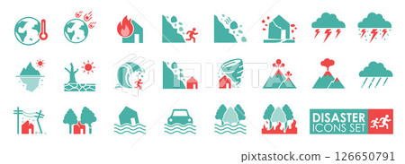 Set of disaster icons, Containing avalanches, earthquakes, volcanoes, tsunamis, sinking, hurricanes, deserts, floods, destruction. Vector Solid icon style. 126650791