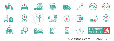 Set of Electric vehicle icons. Solid icon collection. Containing an electric car, battery, EV charging, charging station, Motobike, hybrid, e-car, and power. Set of Electric vehicle icons. Solid icon collection. Containing an electric car, battery, EV charging, charging station, Motobike, hybrid, e-car, and power. 126650792