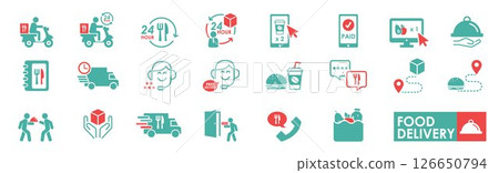 Solid icon simple style. Set of Food Delivery. Contains such Icons as delivery service, Courier on the motorbike, Food Box, Food delivery application, and more. Vector illustration. Solid icon simple style. Set of Food Delivery. Contains such Icons as delivery service, Courier on the motorbike, Food Box, Food delivery application, and more. Vector illustration. 126650794