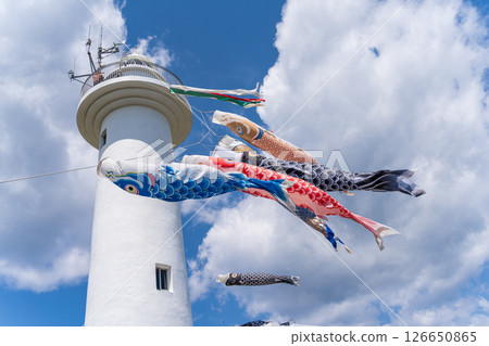 "Aomori Prefecture" Samekado Lighthouse and carp streamers, Hachinohe City 126650865