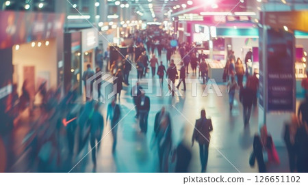 A hazy view of booths and displays as attendees rush through the aisles at a popular tech conference 126651102