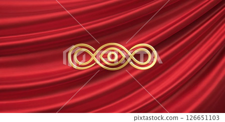 Intertwined Ss A cascade of red silk illustrated with two golden ss intertwined their bodies creating a dynamic swirling pattern that suggests harmony and duality.. Intertwined Ss A cascade of red silk illustrated with two golden ss intertwined their bodies creating a dynamic swirling pattern that suggests harmony and duality.. 126651103