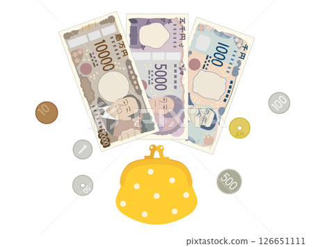 新鈔票、硬幣和錢包的插圖,描繪了金錢和家庭財務狀況 新鈔票、硬幣和錢包的插圖,描繪了金錢和家庭財務狀況 126651111