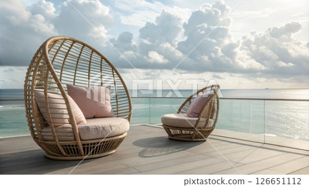 Curved rattan chairs enveloped in pastel cushions offer a perfect spot to sip refreshing beverages. Their open weave allows ocean breezes to flow through enhancing the coastal. Curved rattan chairs enveloped in pastel cushions offer a perfect spot to sip refreshing beverages. Their open weave allows ocean breezes to flow through enhancing the coastal. 126651112
