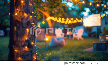 Soft defocused lights of the outdoor movie night create an intimate and magical setting for all to enjoy 126651113