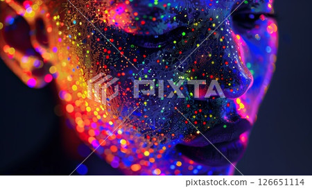 A portrait of a person with their face comprised of tiny everchanging quantum dots 126651114
