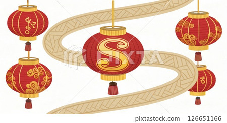 S and Lanterns An illustration of a coiled Wood S entwined around traditional lanterns with a color palette of red and gold symbolizing good fortune and celebration.. S and Lanterns An illustration of a coiled Wood S entwined around traditional lanterns with a color palette of red and gold symbolizing good fortune and celebration.. 126651166
