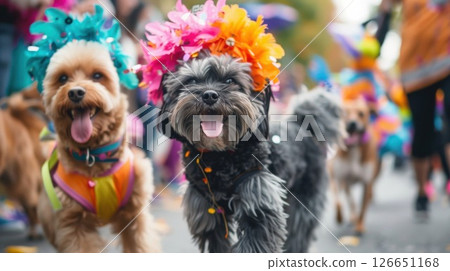 Defocused scene of pets strutting their stuff accompanied by owners in wacky costumes at an outdoor parade Defocused scene of pets strutting their stuff accompanied by owners in wacky costumes at an outdoor parade 126651168