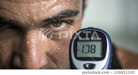 A closeup of a sweaty forehead and determined eyes with a glucose monitor in the foreground that shows a numerical reading emphasizing focus on health postexercise.. 126651193