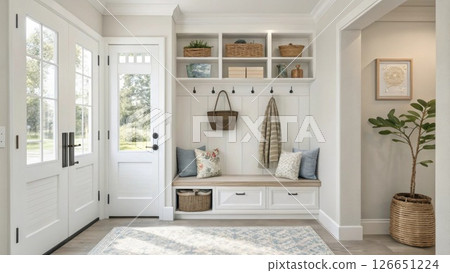 Bright and airy the entryway showcases a minimalist design with clean lines and a soft color palette. Above the bench an innovative shelving unit displays decorative items while. 126651224