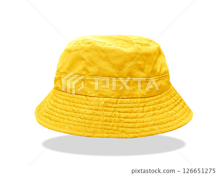 Yellow bucket hat floating on white background. Yellow bucket hat floating on white background. 126651275