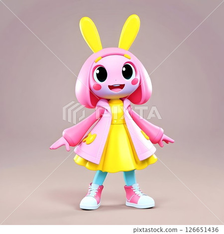 3d render depicting cartoon bunny girl with pink hair, pink coat, yellow dress, standing cheerfully against plain background, radiating youthful energy 126651436