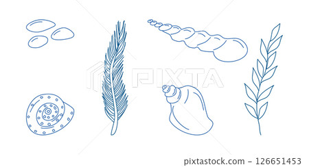 Marine elements doodle style set in blue la dolce vita. Italian style. Undersea world. Menu design of postcard and poster. Vector illustration. 126651453