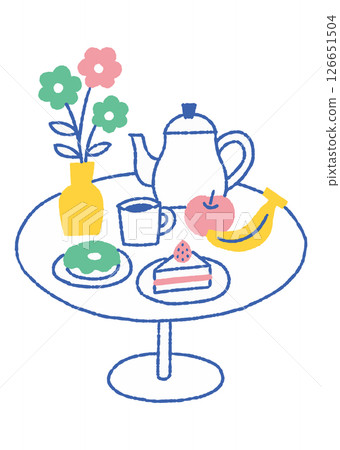 Landscape with a vase, coffee and donuts_Color 126651504