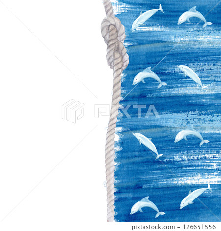 Dolphins watercolor vertical frame isolated on white. Hand-drawn blue monochromatic clip art perfect for notebooks, posters, cards, stationary, stickers, tote bags, eco, sea tourism, room decor design 126651556