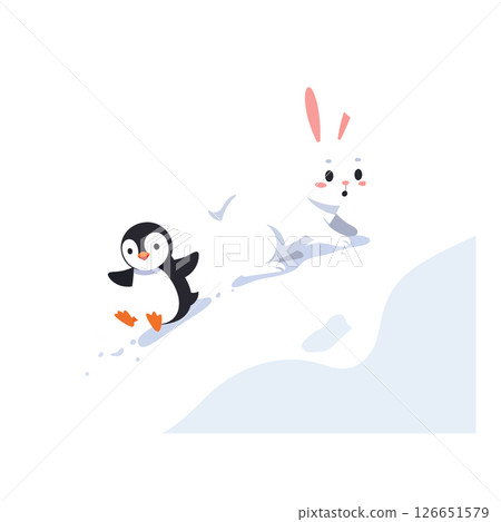 Penguin and Rabbit Sliding Down Snowy Hill Cute Winter Animal Vector Illustration for T Shirt Prints Penguin and Rabbit Sliding Down Snowy Hill Cute Winter Animal Vector Illustration for T Shirt Prints 126651579