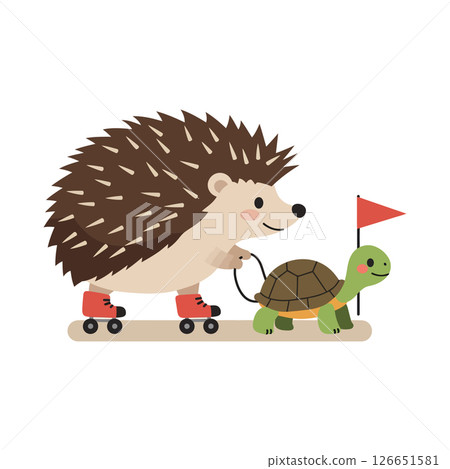 Hedgehog on Roller Skates Pulling Turtle with Red Flag Cartoon Vector Illustration for Fun Projects 126651581
