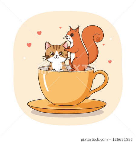 Cute cat and squirrel sitting inside yellow teacup with hearts vector illustration for t-shirt designs and cup prints 126651585