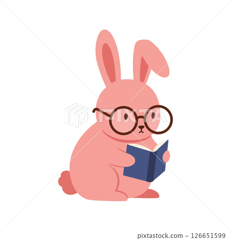 Pink Bunny Rabbit Wearing Glasses Reading Book Vector Illustration for T-shirt Designs and Crafts 126651599