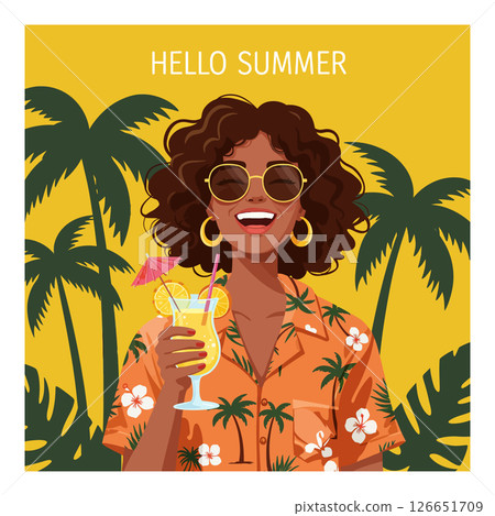Woman enjoying summer cocktail with palm trees tropical theme and yellow background 126651709
