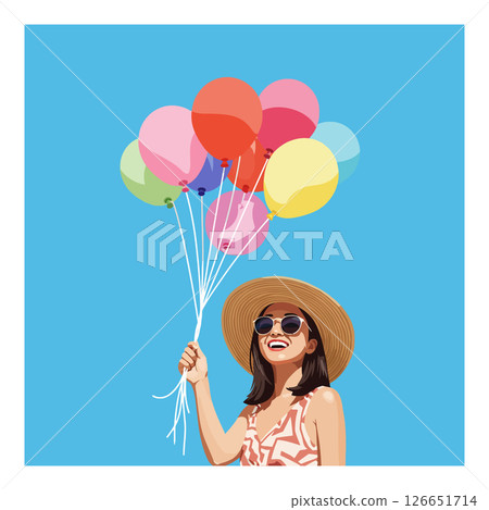 Woman holding colorful balloons with blue sky background in summer vector illustration Woman holding colorful balloons with blue sky background in summer vector illustration 126651714