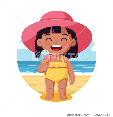 Little girl enjoying ice cream on beach wearing big pink hat and yellow swimsuit vector illustration 126651715