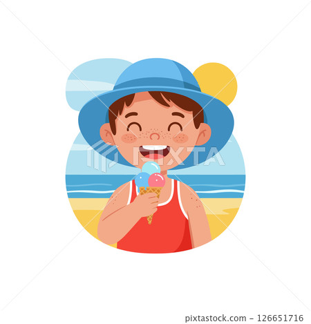Boy enjoying ice cream on sunny beach summer day with blue hat and red shirt vector illustration Boy enjoying ice cream on sunny beach summer day with blue hat and red shirt vector illustration 126651716